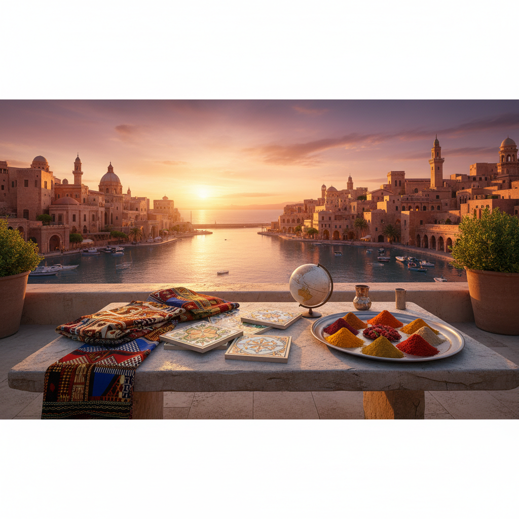Una terrazza urbana che guarda un porto mediterraneo al tramonto, fotografata da un punto leggermente rialzato. In primo piano, un tavolo in pietra chiara con sparsi oggetti simbolici di scambio culturale: tessuti africani piegati con motivi geometrici, piastrelle di ceramica italiana, un vassoio metallico con spezie colorate, un piccolo globo senza testi. Sullo sfondo, skyline misto di architetture italiane e nordafricane stilizzate, senza persone, immerso in luce dorata. L’illuminazione calda crea riflessi sulle superfici e un’atmosfera dialogica e internazionale. Composizione in orizzontale, con porto e mare collocati sulla linea del terzo superiore, stile fotografico realistico e colori saturi ma eleganti.