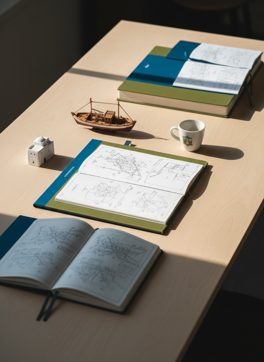 Un tavolo da lavoro in legno chiaro visto dall’alto, ordinato e minimalista, con aperti diversi quaderni e taccuini dalle copertine in tonalità blu mediterraneo e verde oliva, pieni di diagrammi e mappe senza testo leggibile. Accanto, piccoli oggetti simbolici: una miniatura di barca mediterranea, un modellino di edificio nordafricano in gesso bianco, una tazzina di ceramica italiana vuota. Luce naturale pomeridiana entra obliqua da sinistra, creando riflessi morbidi e ombre lunghe. L’atmosfera è concentrata e analitica, adatta a un blog professionale. Fotografia ad alta definizione, con profondità di campo ridotta che mette a fuoco il centro del tavolo e lascia i bordi in un bokeh delicato.